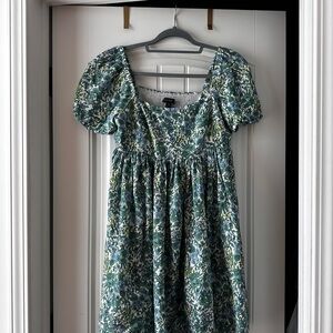 J. Crew Green and Blue Floral Smocked-Neck Mini Dress